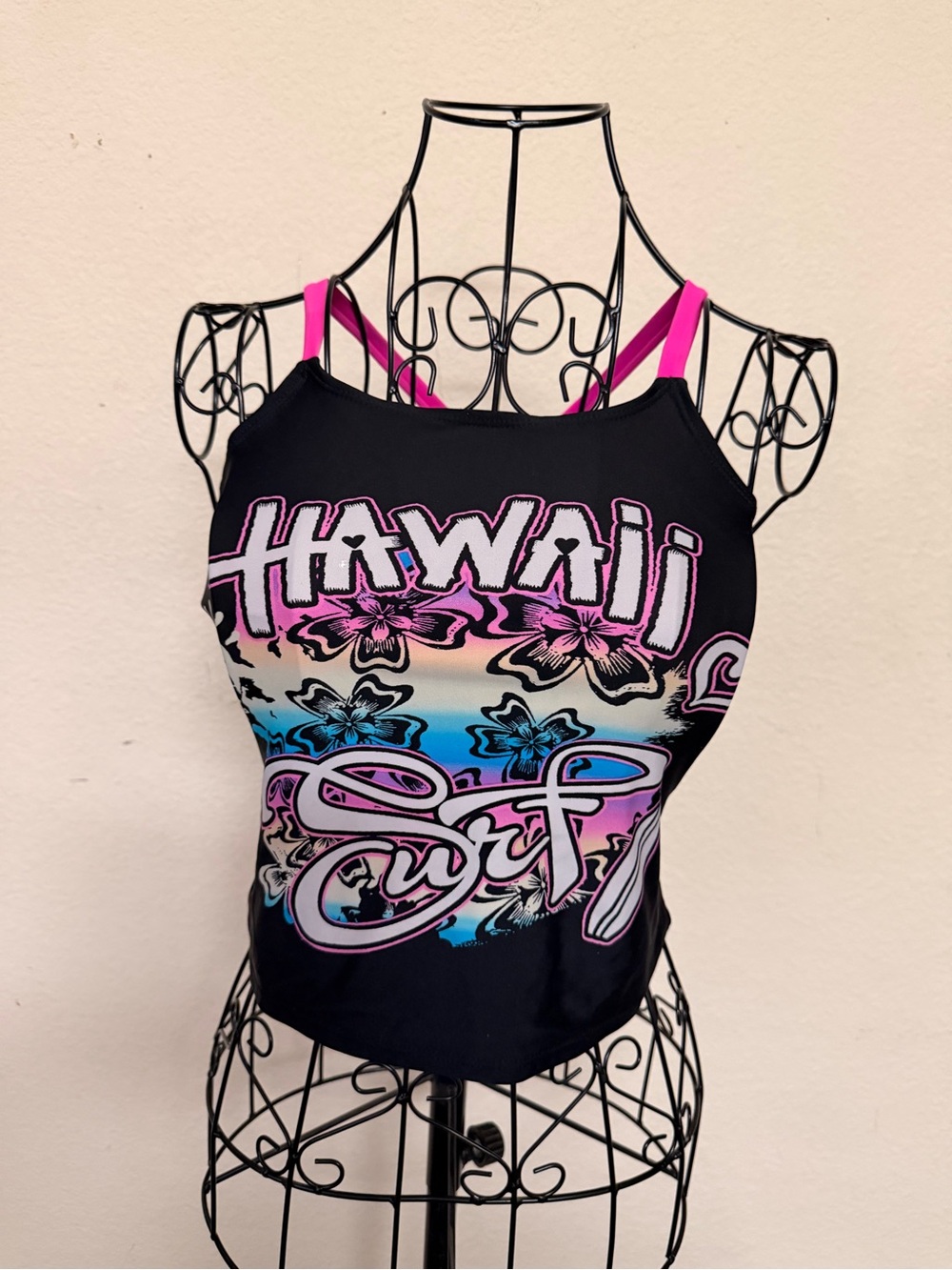 OP Black Bikini Top with Pink Straps and Multicolor Hawaii Graphic